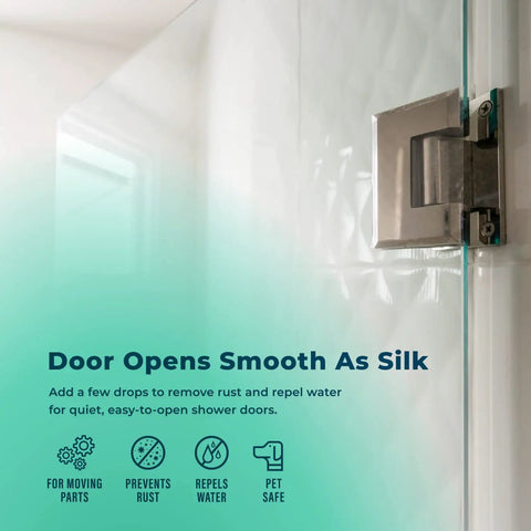 SqueaksGone Lubricant 1 Oz No More Squeaks Penetrating Oil For Hinges And Garage Doors, shown on glass shower door hinge.