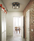 Hallway view with Industrial 3 Light Rustic Semi Flush Mount Ceiling Light With Metal Cage Seed Glass Shade Black Farmhouse Chandelier