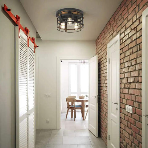 Hallway view with Industrial 3 Light Rustic Semi Flush Mount Ceiling Light With Metal Cage Seed Glass Shade Black Farmhouse Chandelier