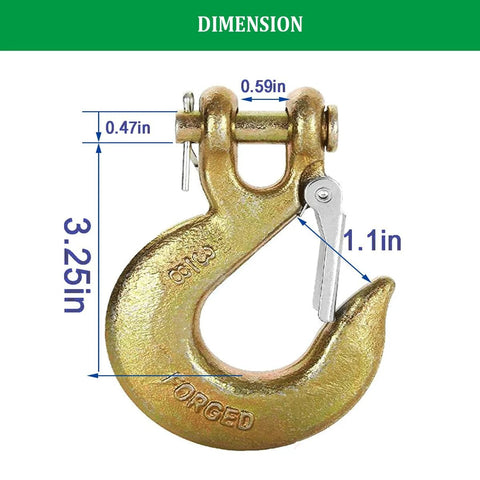 Dimensions of 2 Pack 3/8 Inch Slip Hook With Safety Latch, G70 Forged Steel Tow Chain Hook, 18,000 Lbs Capacity