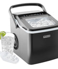 Dual Size Countertop Ice Maker For Home And Office, Fast 9 Ice Cubes In 7 Minutes, Large Or Small Bullet Ice, Self Cleaning, 22 Lbs Per Day, Party Ready Ice Machine With Scoop next to glass of ice water with lime