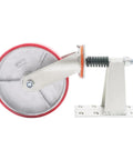 Kickass 8 Inch Heavy Duty Gate Caster Wheel Providing A Sweet 800 Pound Load Capacity For Ultra Smooth Door Rolling And Anti Sag Stability Made For Zero Fuss Installation, showing side view with red wheel and metal mount.
