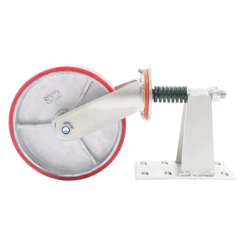 Kickass 8 Inch Heavy Duty Gate Caster Wheel Providing A Sweet 800 Pound Load Capacity For Ultra Smooth Door Rolling And Anti Sag Stability Made For Zero Fuss Installation, showing side view with red wheel and metal mount.