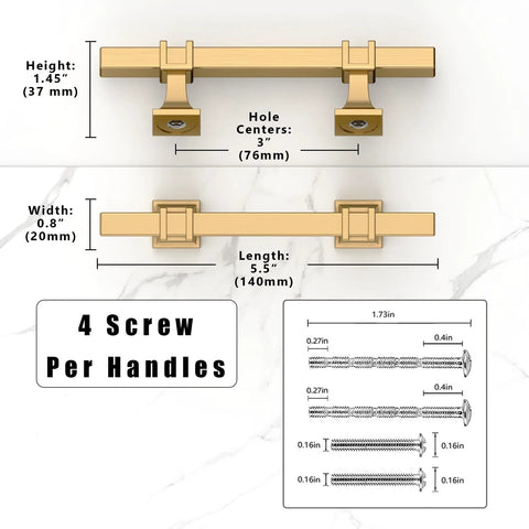 Detailed dimensions of Champagne Bronze Cabinet Pulls 3 Inch 76mm 10 Pack including length, width, height, and screw specifications.