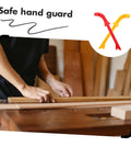 Versatile Pro Grade Two Pack Woodworking Push Blocks And Safety Push Sticks Set shown on a carpentry table with Safe hand guard sign