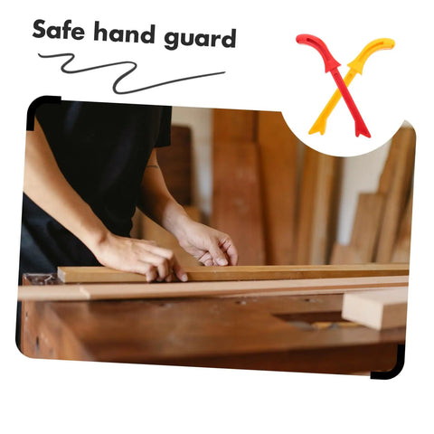 Versatile Pro Grade Two Pack Woodworking Push Blocks And Safety Push Sticks Set shown on a carpentry table with Safe hand guard sign