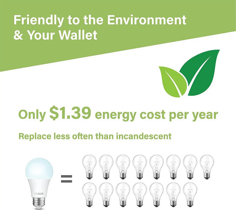 Infographic comparing A19 LED Bulbs 75W Equivalent Dimmable 1100 Lumens 5000K Daylight with incandescent bulbs for energy savings.