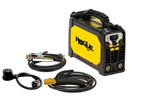 Dual Voltage Stick Welding System With Hot Start And Arc Force 6010 Mode Power Factor Control Electrodes Up To One Eighth Inch IP23S Rated Portable Workhorse Welder For Home Shop And Field Use showing front with cables.