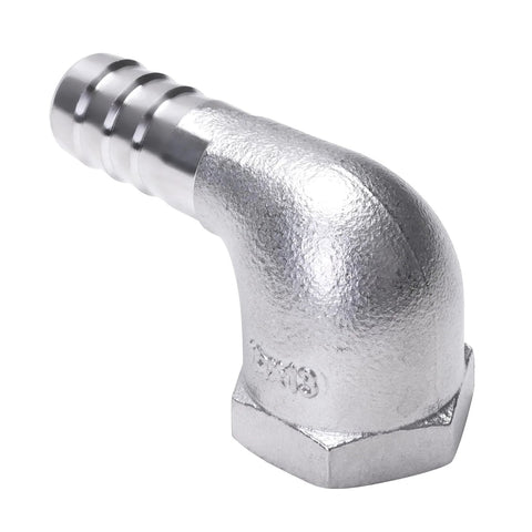 Stainless steel 90-degree elbow with 1/2" hose barb and 1/2" NPT female thread