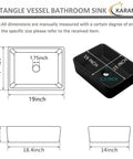 Diagram showing dimensions of Matte Black Rectangle Vessel Sink 19 By 15 Inch Above Counter Bathroom Sink Porcelain Ceramic Small Bowl