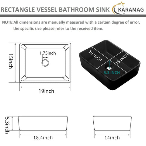 Diagram showing dimensions of Matte Black Rectangle Vessel Sink 19 By 15 Inch Above Counter Bathroom Sink Porcelain Ceramic Small Bowl