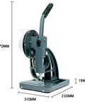 Game Changing Semi Auto Eyelet Press For Tough Canvas And Banners with dimensions displayed, ideal for quick 10 mm grommet installation.