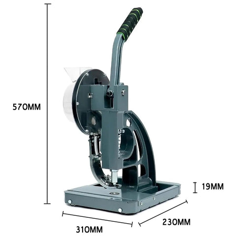 Game Changing Semi Auto Eyelet Press For Tough Canvas And Banners with dimensions displayed, ideal for quick 10 mm grommet installation.