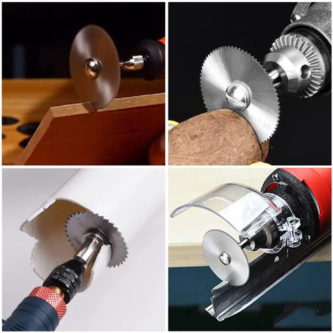 Versatile HSS Circular Saw Blade Set For Rotary Tools With Six Diameters cutting wood, stone, plastic, and glass in action