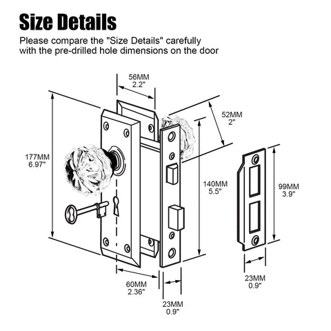 Technical diagram of Dope Three Pack Mortise Lock Set with size dimensions and oil rubbed bronze finish for interior doors.