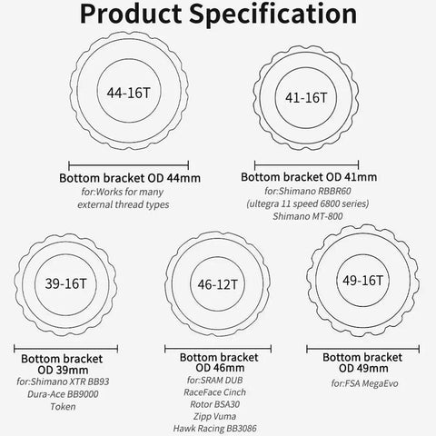 Diagram of Five In One No Fuss Bike Bottom Bracket Tool for 12 and 16 notch external cups sizes 39-49mm for various bike brands.