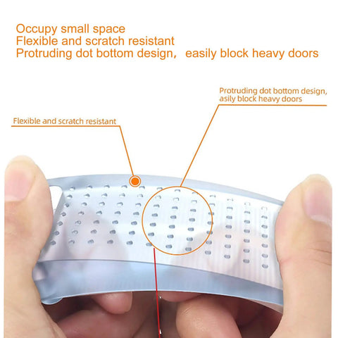 Close-up of Clear Flexible Door Stop Wedges with Adhesive Backing showing flexible TPR material and protruding dot design.