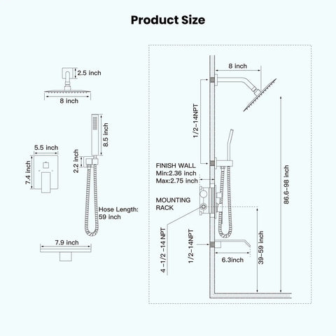 Diagram showing dimensions of Rain Shower Fixture Set With 8 Inch Rain Shower Head Handheld Sprayer Waterfall Tub Spout And Wall Mount Mixer Rough In Valve And Trim Included Polished Chrome Finish High Flow 1.28 GPM Easy Install