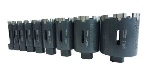 Trenion T Core diamond drill bits, side view in a row; black cylindrical bodies with silver diamond teeth and 5/8-11 threaded shanks.