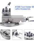 Front view of AT300 lathe tool rest assembly with quick-change post and clamp on a metal protractor-style base.