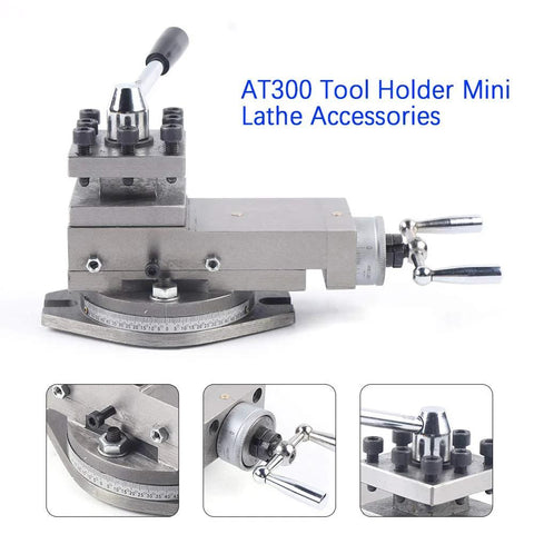 Front view of AT300 lathe tool rest assembly with quick-change post and clamp on a metal protractor-style base.