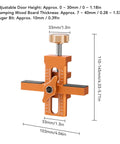 Badass Cabinet Door Mounting Jig With Adjustable Aluminum Clamp And Rock Solid Steel Rods For Dead Nuts Hinge Alignment Easy Solo Diy Setup No Fuss Support Tool For Quick Home Repair Jobs Anywhere. Close-up view of adjustable orange jig.
