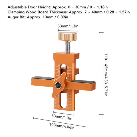 Badass Cabinet Door Mounting Jig With Adjustable Aluminum Clamp And Rock Solid Steel Rods For Dead Nuts Hinge Alignment Easy Solo Diy Setup No Fuss Support Tool For Quick Home Repair Jobs Anywhere. Close-up view of adjustable orange jig.