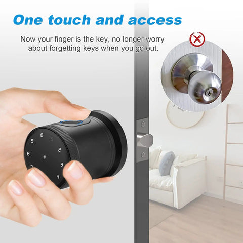 Hand holding Smart Door Knob Biometric Lock With Keypad And App Control Keyless Entry for convenient access