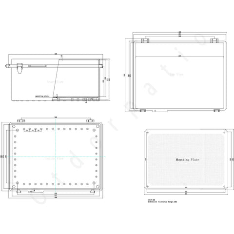 Technical drawing of Beefy Outdoor Junction Box With Hinged Cover IP67 Weatherproof ABS Enclosure showing dimensions and mounting plate.