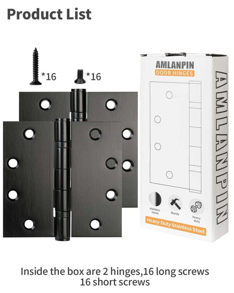Beefy Stainless Steel 4.5 Inch Ball Bearing Hinges Matte Black Two Pack with screws and packaging for exterior doors