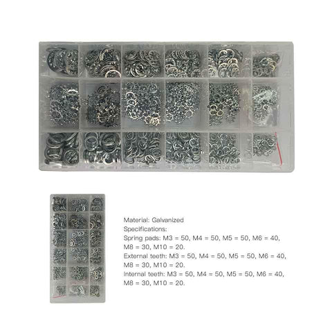 Lock Washer Kit With 720 Pieces External And Internal Star And Split Washers Metric SAE in transparent box.