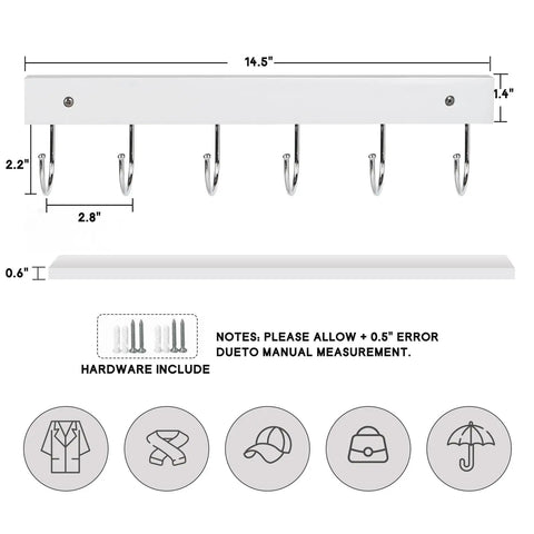Two Pack Wall Mount Coat Rack With 12 Rotating 180 Degree Hooks 14.6 Inch Rustproof Wooden Entryway Organizer In White Space Saving Hanger
