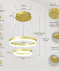 Modern LED Two Ring Gold Chandelier For Staircase Foyer And Living Room Contemporary Ceiling Pendant Light Fixture With High Ceiling 6000K Cool White Glow Luxe Gold Finish For A Lit Home Decor Upgrade, dimensions and features labeled