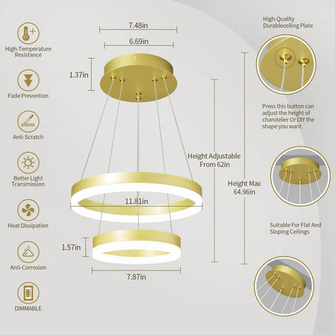Modern LED Two Ring Gold Chandelier For Staircase Foyer And Living Room Contemporary Ceiling Pendant Light Fixture With High Ceiling 6000K Cool White Glow Luxe Gold Finish For A Lit Home Decor Upgrade, dimensions and features labeled
