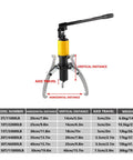 Heavy Duty Hydraulic Gear Puller Kit With Two Or Three Swivel Jaws For Knocking Loose Rusted Sprockets Rotors And Wheel Bearings Delivering Massive Beast Mode Pulling Power with yellow and black design.