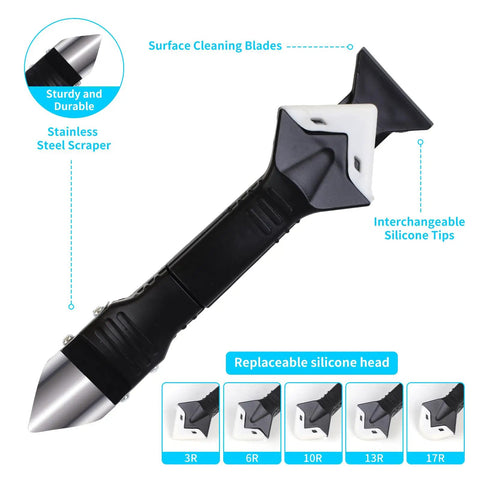 Silicone Caulking Tools 3-In-1 Grout Removal Tool Scraper Set For DIY Home Repairs, Angle Scraper, Glass Glue Blade, Adhesive Residue Remover, Seam Repair Kit, 11-Piece Finishing Tool Set, Black, stainless steel scraper with interchangeable silicone tips