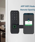 Close-up of 5 In 1 Keyless Entry Smart Lock With Handle showing fingerprint keypad and smartphone app for remote access.