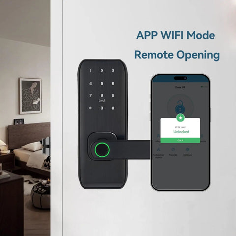 Close-up of 5 In 1 Keyless Entry Smart Lock With Handle showing fingerprint keypad and smartphone app for remote access.