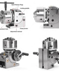 Top Tier 3 Jaw Chuck And Dividing Head Kit With Tailstock, showcasing rotary indexing setup from multiple angles.
