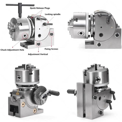 Top Tier 3 Jaw Chuck And Dividing Head Kit With Tailstock, showcasing rotary indexing setup from multiple angles.