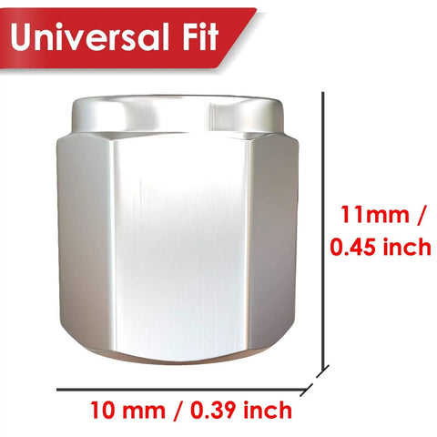 Silver tire valve cap with dimensions, part of Eight Pack Silver Metal Tire Valve Caps With Rubber Seal Dust Proof Covers Universal Fit.