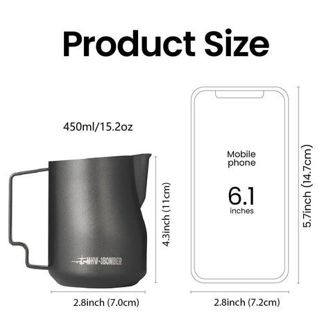 Size comparison of the Milk Frothing Pitcher 12oz 350ml Stainless Steel For Espresso And Latte Art, Round Spout Milk Jug, White Finish