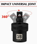 3/8 Inch Drive Deep Impact Socket Set 6-Point 49 Piece SAE And Metric Sizes 5/16 To 3/4 Inch And 8-22 Millimeters With 3/8 Inch Universal Joint Cr-V Steel Mechanic Socket Set For Real World Heavy Duty Jobs, showing 360-degree impact universal joint.