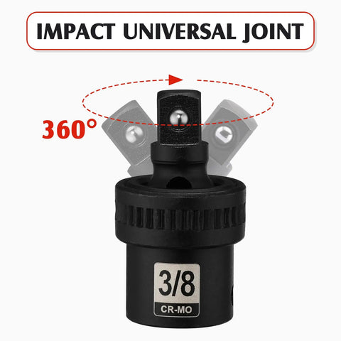 3/8 Inch Drive Deep Impact Socket Set 6-Point 49 Piece SAE And Metric Sizes 5/16 To 3/4 Inch And 8-22 Millimeters With 3/8 Inch Universal Joint Cr-V Steel Mechanic Socket Set For Real World Heavy Duty Jobs, showing 360-degree impact universal joint.