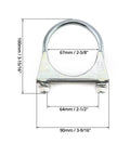 U Bolt Muffler Tip Exhaust Hook Set, Two Pack, Two And A Half Inch ID Fits Two And A Half Inch OD Pipe, product dimensions shown.