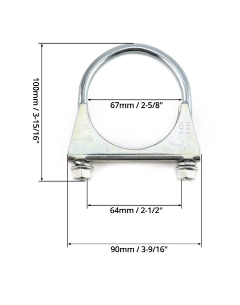 U Bolt Muffler Tip Exhaust Hook Set, Two Pack, Two And A Half Inch ID Fits Two And A Half Inch OD Pipe, product dimensions shown.