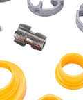 Electric Drill Pipe Threader For PVC, Reusable Die Kit With 1/2 3/4 And One Inch Dies parts including metal dies and yellow plastic fittings.