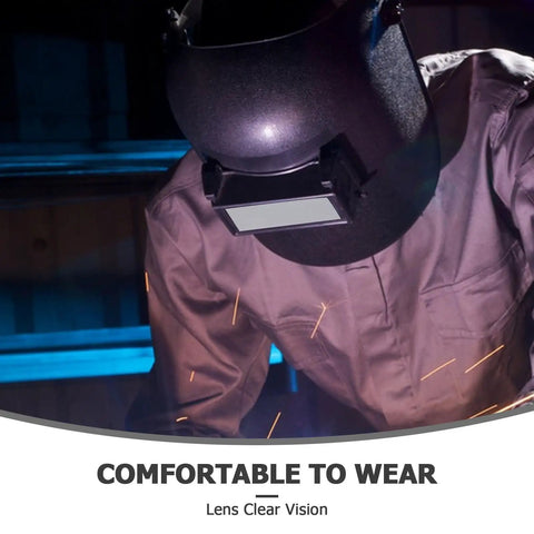 100 Pack Premium Glass Welding Helmet Lenses With Crystal Clear View For Cutting And Grinding Provide Superior Eye Protection and Lightweight Comfort for Serious Pros Who Need Reliable Safety Gear Everyday in use by a welder.