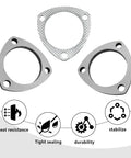 Premium Stainless Steel 3 Inch Exhaust Flange Gasket Repair Kit With Heavy Duty Bolts showing three triangle gaskets.
