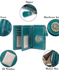 Compact Vegan Leather Womens Wallet With RFID Blocking Bifold Card Holder And Zipper Coin Pocket, open view showing details.